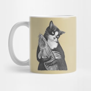 Graceful Black and White Cat with a Catch - Pencil Drawing Art Print Mug